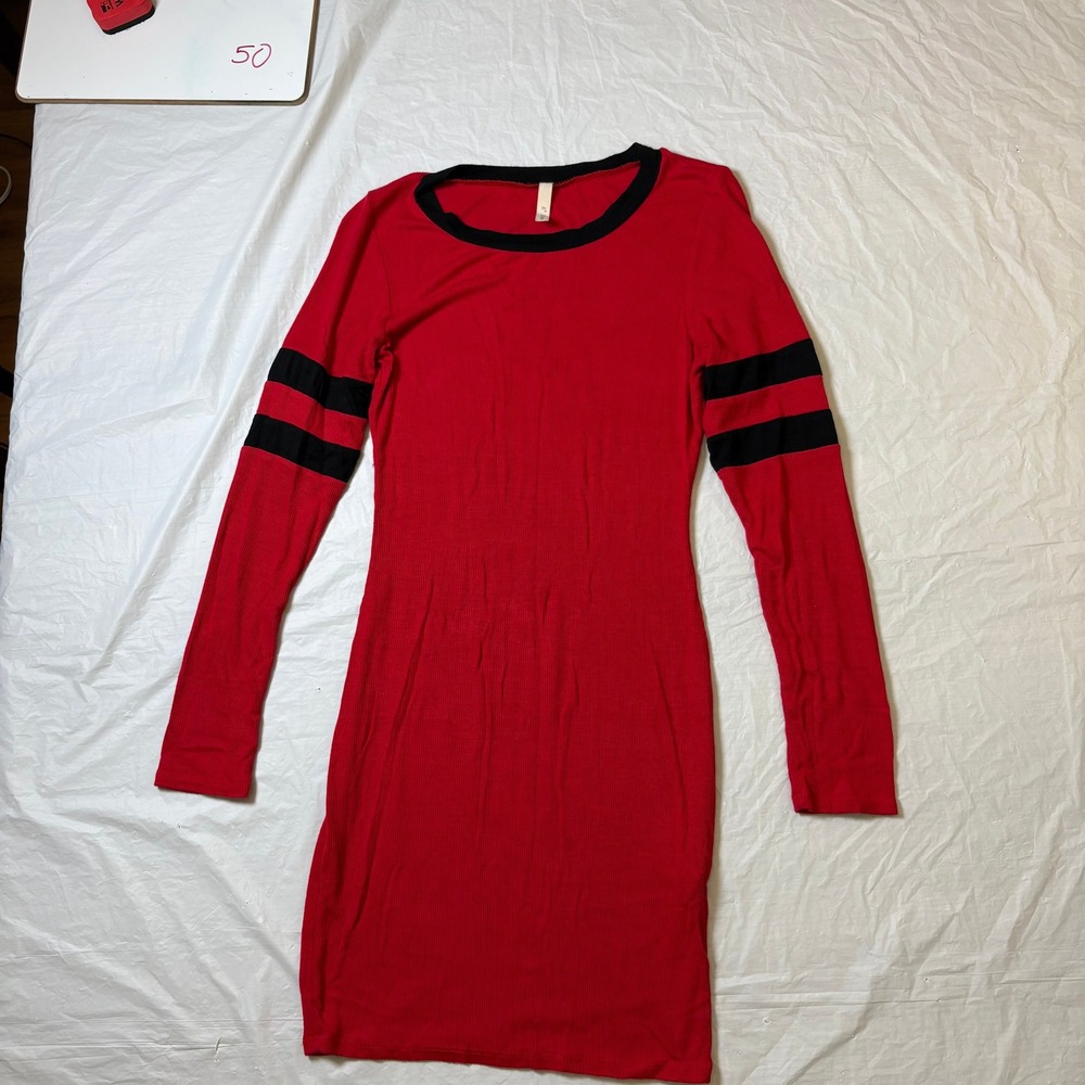 A+ Ellen Red Black Stripe Long Sleeve Bodycon Mini Dress M Medium